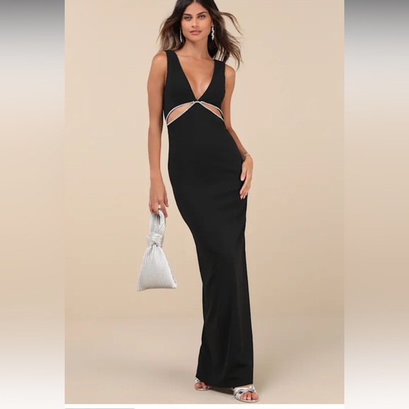 Lulus Beauty Rhinestone Cutout Black Crepe Knit Fabric Sexy Maxi Dress NWT L - Picture 2 of 16